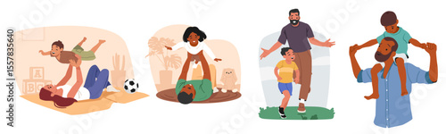 Happy mothers and fathers day cartoon scene set with parents and children spending time together