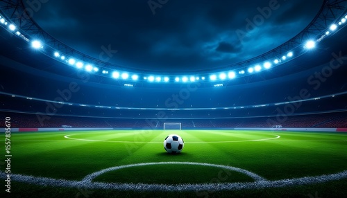 Empty Soccer Stadium at Night Under Spotlight