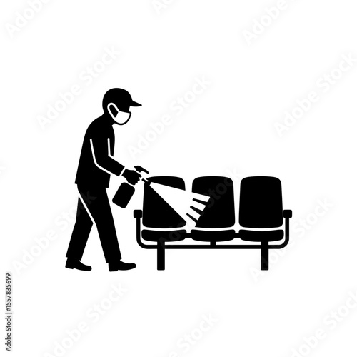 Man disinfecting airport seating area while wearing a mask  