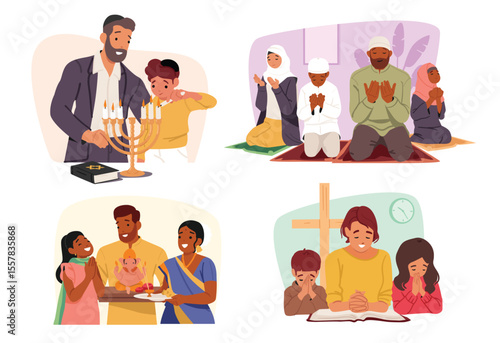 People of different religious denominations Christian, Jewish, Buddhist and muslim families set