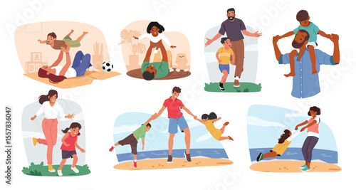 Happy parents enjoying bonding time playing funny games with lovely children isolated cartoon set