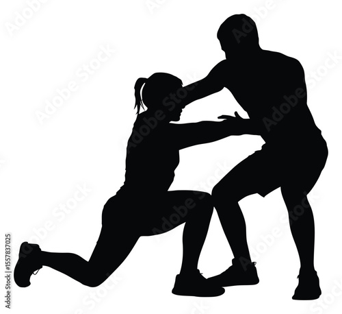Silhouette of Personal Trainer Assisting Woman in Lunge Exercise, Isolated on White Background
