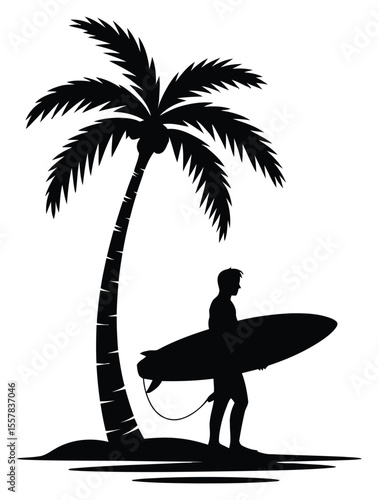 Silhouette of Surfer Carrying Board Under a Palm Tree, Tropical Beach Illustration
