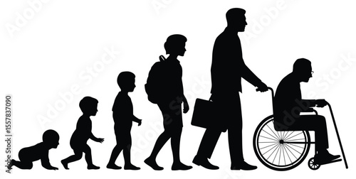 Silhouetted Figures Depicting the Stages of Life Baby, Child, Student, Adult, Elderly Person