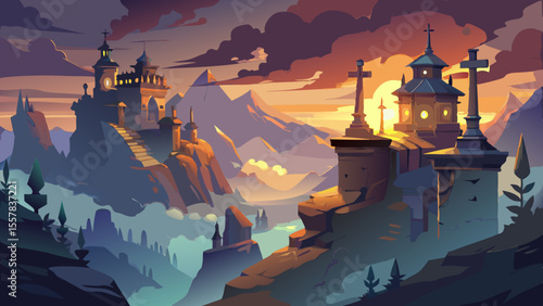 Monasteries perched atop stone pillars in cloudy twilight. Mist clings to cliffs, cross silhouettes against the sky, golden lamps glow faintly inside, silence and awe fill the air.

