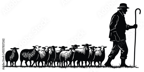 Black and White Depicting a Shepherd Guiding his Flock of Sheep with a Crook