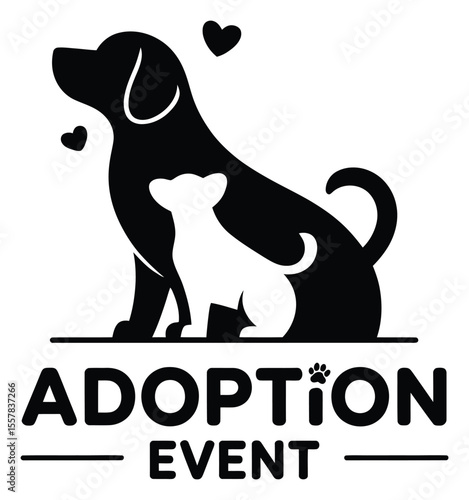 Black and White Dog Adoption Event Featuring Two Canine Silhouettes with Hearts Floating Above