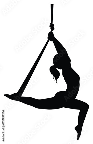 Silhouette of Aerialist Performing a Split on a Lyra or Aerial Hoop on White Background
