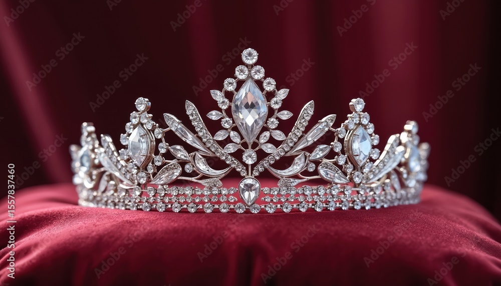 Obraz premium Elegant diamond tiara rests on burgundy velvet cushion. Regal royal accessory shines with intricate details. Luxury jewelry, symbol of royalty, tradition, celebration. Fashion accessory for special