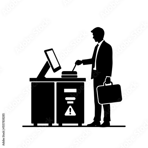 Man checking in luggage at service desk with baggage claim icon  