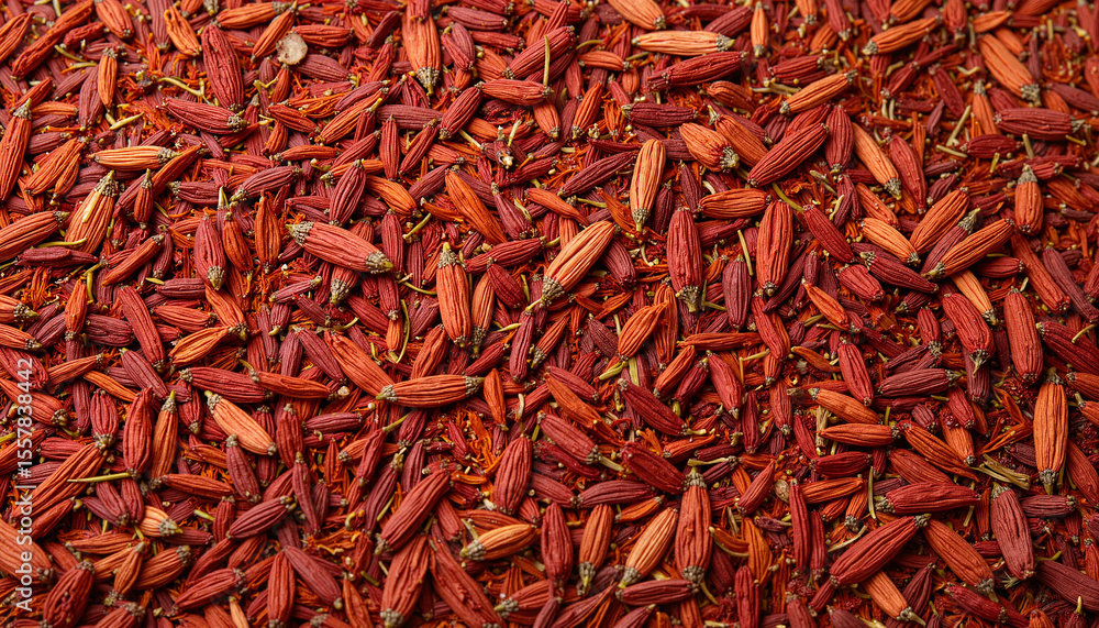 Fototapeta premium Red chili seeds scattered on textured surface in natural light 