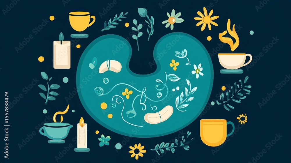 Naklejka premium Relaxing symbols surround a calming stomach, featuring tea, candles, and floral designs at home