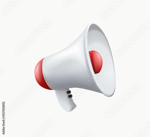Red and white megaphone isolated on white background. 3D render megaphone speaker or loudspeaker bullhorn for announce promotion. Loud hailer with microphone, alert, promo, news concept