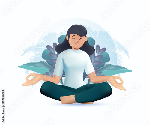 Yoga Woman in Lotus Pose 3D render vector illustration. Beautiful girl doing yoga illustration, international yoga day