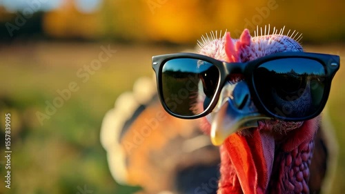 A cool turkey wearing sunglasses outside in the autumn sun, enjoying the vibrant golden colors of the fall season in a picturesque rural setting