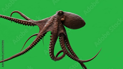A brown octopus is displayed against a bright green backdrop