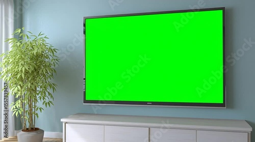 Television set with a chroma scale green screen in a modern living room ready to enter your own series, movie, ad, music video and more.