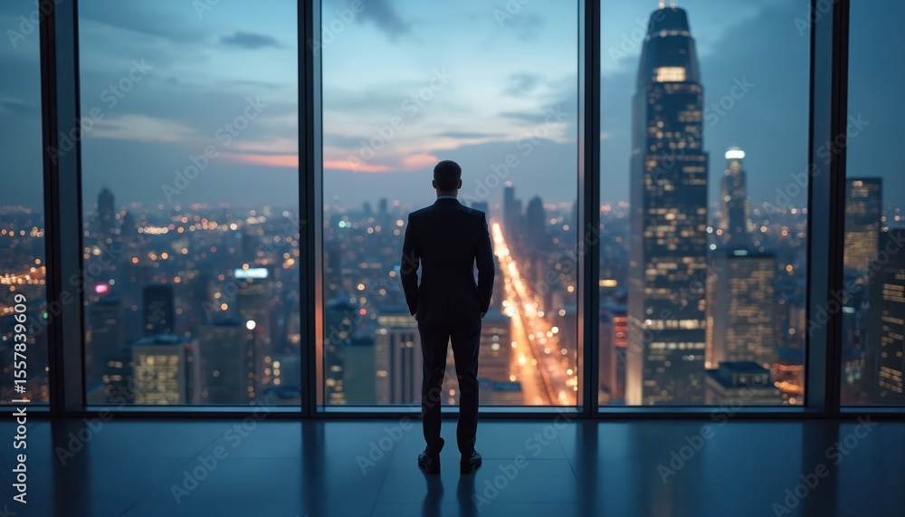 Successful businessman stands in office with urban skyline view. Professional in suit, facing future with ambition, aspiration. Corporate executive contemplating opportunities, goals, career, Successful businessman stands in office with urban skyline view. Professional in suit, facing future with ambition, aspiration. Corporate executive contemplating opportunities, goals, career,