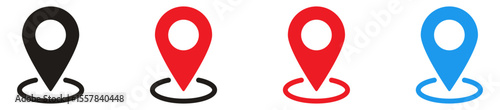location icon, map pin icons in outline, black, and red styles. for maps, GPS, navigation apps, location markers, address indications, and geolocation interfaces