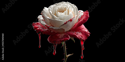 Fototapeta Naklejka Na Ścianę i Meble -  Bleeding Rose: A captivating macro shot captures a pristine white and crimson rose with a unique twist, evoking feelings of both beauty and intrigue in its elegant and dramatic composition.