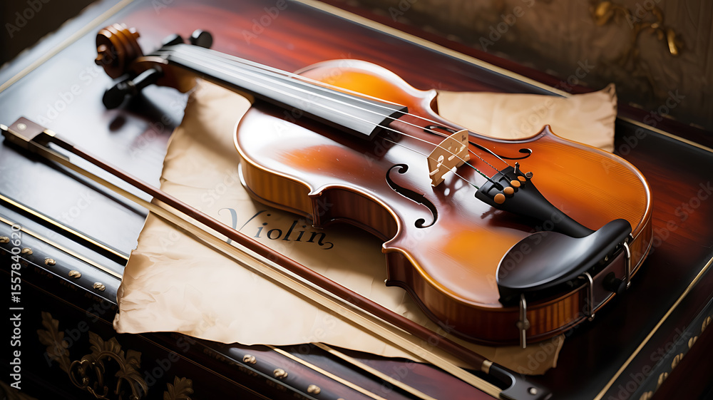 Fototapeta premium A violin rests on aged music paper. 
