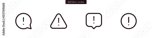 Attention caution signs. Warning symbols icon set. Danger and warning sign. Exclamation mark signs. Chat speech bubble, triangle warning icon. outline, editable stroke