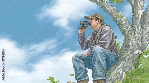 Animation 2D cartoon  man with binoculars on a tree branch - either he's watching for birds or is looking into people's windows like a treetop pervert