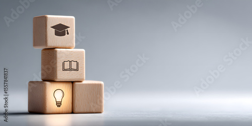 Education and Innovation: A conceptual composition of wooden blocks stacked high, each meticulously etched with an icon of learning and discovery