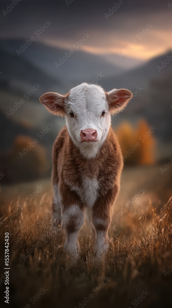 Fototapeta premium Young hereford calf with distinctive white face
