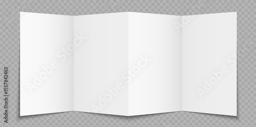 Vector white blank sheet of paper folded in four parts. Leaflet, brochure, booklet, flyer or invitation card mockup