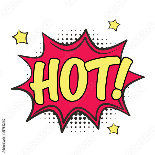 Vector comic speech bubble with word Hot. Text message in cloud with dotted shadow in pop art cartoon style