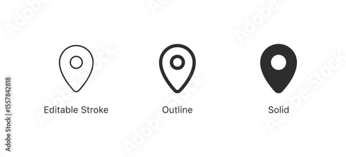 location pin icon in editable stroke, outline, and filled styles. for navigation, maps and geolocation designs in apps, websites and user interfaces
