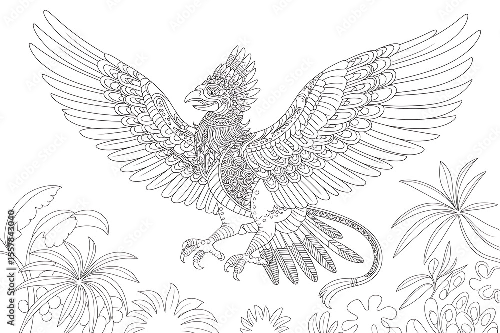 Obraz premium Mythical bird with intricate details, soaring above tropical foliage. 