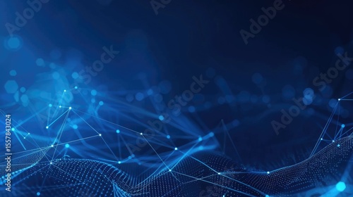 Abstract blue digital network background with lines and nodes. Background image of glowing digital wave waving and flowing at blue background. Network. Technology and data visualization design. AIG55.