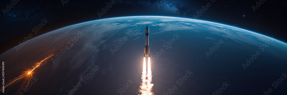 Fototapeta premium A rocket blasts off from earth, embarking on an interstellar journey into the vast, starry cosmos.