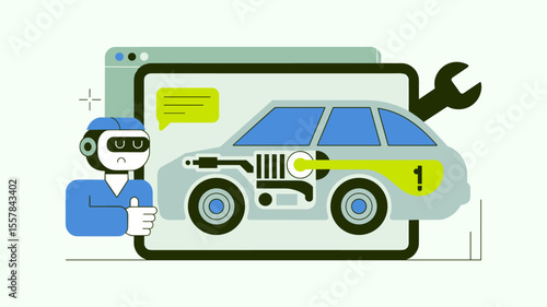 mechanic robot diagnosing a car on a digital screen, vector illustration for an automotive diagnostic bot, ai car maintenance and vehicle repair technology