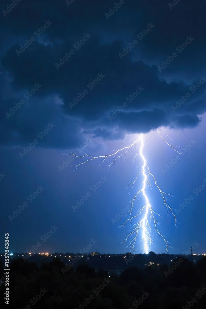 Fototapeta premium Powerful Lightning Strike Across a Dramatic Dark Stormy Sky - High Resolution Stock Photo
