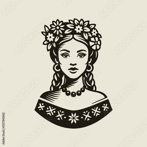 Beautiful young finish woman in traditional clothing. Retro vector illustration suitable as a logo, for textile printing or advertising of all kinds.