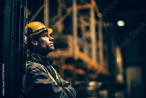 Portrait of a male logistics worker in a yellow safety helmet inside a warehouse