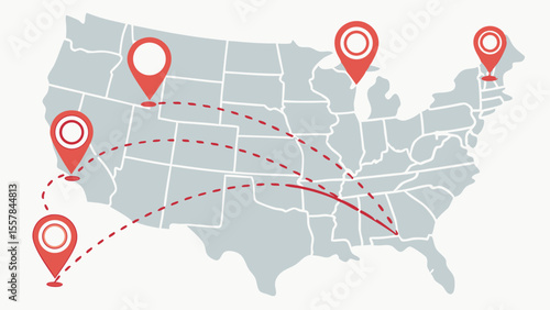 United States Map with Red Location Pins and Dashed Travel Routes Illustrating Nationwide Logistics, Distribution, and Business Connections Across ...