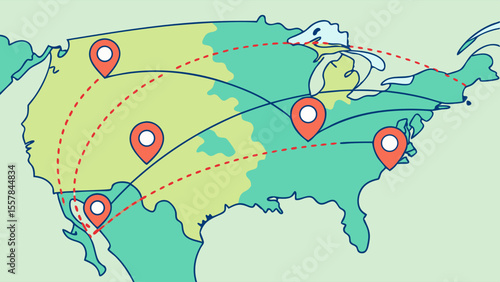 United States Map with Interconnected Location Pins and Route Lines, Illustrating Travel, Logistics, Network, Data Flow, or Supply Chain across the...