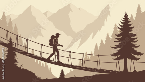 Adventure Trekker Crossing Rope Bridge in Sepia Toned Mountain Forest Landscape Illustration. Backpacker on Suspension Bridge with Layered Peaks an...