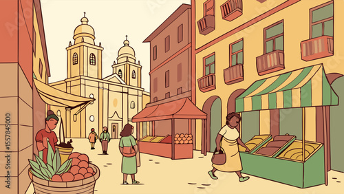Vibrant Old Town Street Market with Historic Church and Local Shoppers - Traditional City Life Illustration