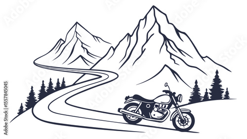 Vintage Motorcycle Riding on Winding Mountain Road with Pine Trees - Monochrome Outdoor Adventure Illustration