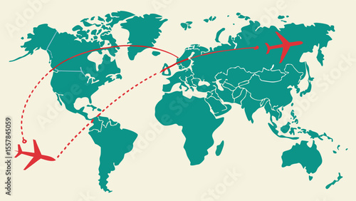 Global Air Travel Routes Illustration on World Map. International Flight Paths with Red Airplanes and Dotted Lines Connecting Continents, Represent...