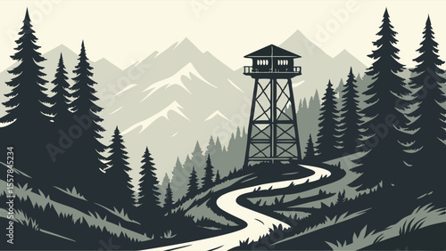 Vintage Style Forest Lookout Tower in Mountain Wilderness. Monochromatic Illustration of Pine Trees, Winding Path, and Watchtower in Remote Nature.