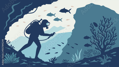 Scuba Diver Exploring Underwater Cave with Flashlight, Marine Life, and Coral Reef. Flat Vector Illustration of Deep Sea Adventure.
