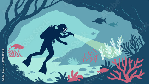 Scuba Diver Exploring Mysterious Underwater Cave with Flashlight, Illuminating Vibrant Coral Reef and Marine Life in a Deep Blue Ocean Grotto