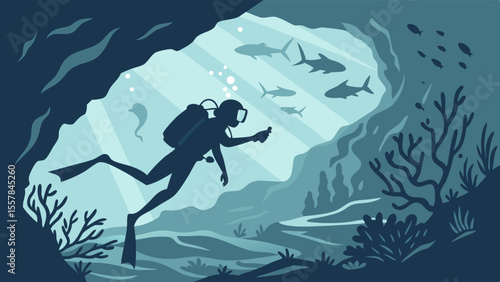 Scuba Diver Silhouette in Sunlit Underwater Cave with Fish and Coral