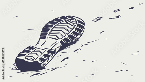 Detailed Boot Sole Imprint and Fading Footprints on Ground Illustration, Symbolizing a Path, Journey, or Tracking